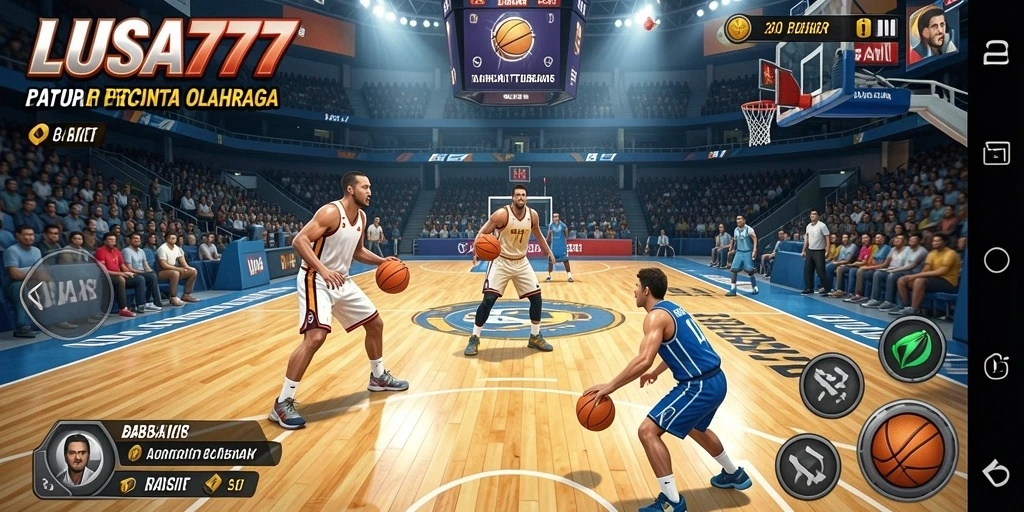 Menampilkan antarmuka permainan basket yang dinamis dan menarik.